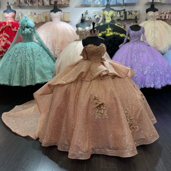 Champagne Sweetheart Abiti Quinceanera Sweet 16 Sparkly Ruffle Tulle 3DFlower Vestido De 15 Anos Masquerade Birthday Party Gown