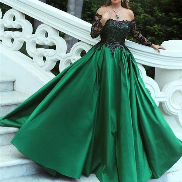 Vestidos de noite verde ombro a ombro com apliques de renda manga longa transparente cetim vestido de baile até o chão vestidos de noite vestidos 246s