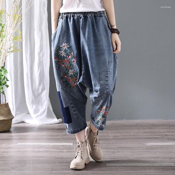 Calça Jeans Feminina com Bordado Literário Flor Rasgada Cintura Elástica Solta Pendurada Calças Jeans Vintage Patchwork