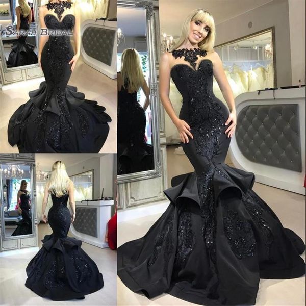 Vestidos de noite sereia longos pretos clássicos com babados em cascata e apliques em cascata vestidos de baile de formatura286G