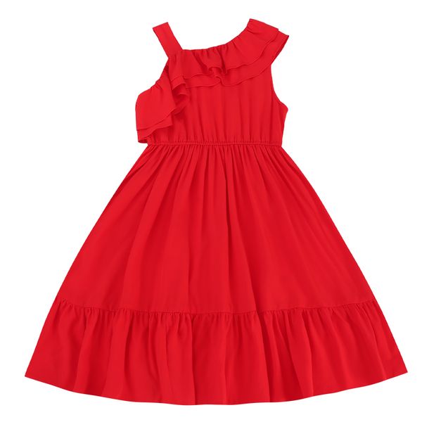 Abiti estivi per ragazze Abiti sottoveste, prendisole in chiffon rosso senza maniche per bambini di 4-16 anni