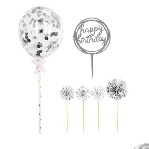Decoração de festa por atacado feliz aniversário bolo toppers fãs de papel acrílico cupcake topper confete decorações de balão conjunto drop deliv dhmfz