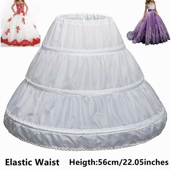 Einheitsgröße, weißer Kinder-Petticoat, A-Linie, 3 Reifen, eine Schicht, Krinoline, Spitzenbesatz, Blumenmädchenkleid, Unterrock, elastische Taille265J