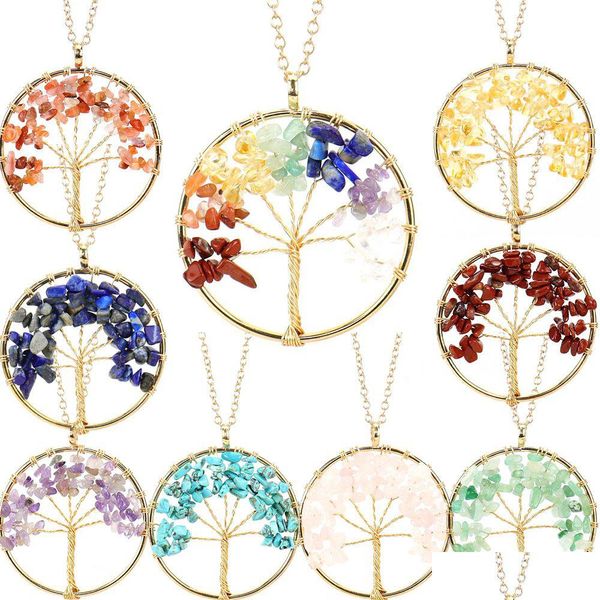 Подвесные ожерелья 3 стили нергар Chip Stone Crystal Wire Trave Tree of Life Amethyst Rose Quartz Chacra Beads Ожерелье для женщин Je dhucd