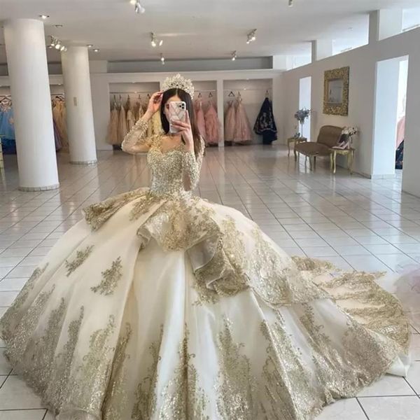 2022 Abiti stile quinceanera con perline champagne con lacci appliquati manica lunga abito da ballo principessa abito da ballo festa in maschera vestito232R