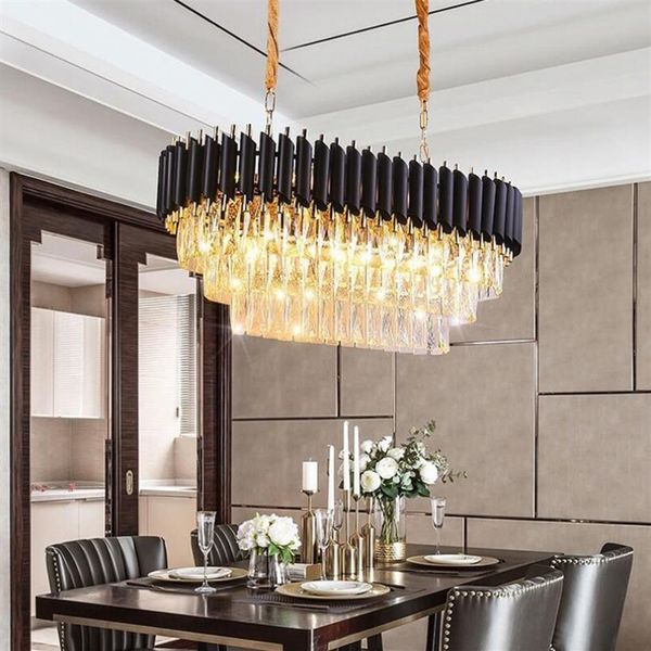 Moderne Kücheninsel-Kristall-Kronleuchter für luxuriöses Esszimmer, Kristall-Kronleuchter, hängende LED-Anhängerbeleuchtung, Schwarz UPS220S