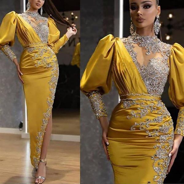 Vestidos formais de noite árabes na altura do tornozelo 2021 Renda brilhante com contas de cristal Gola alta manga longa Sexy fenda Ocasião Vestido de baile 336n