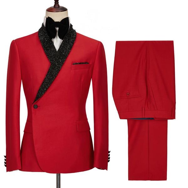 Neue Design Rot Zweireiher Männer Anzüge Slim Fit Kostüm Homme Hochzeit Smoking 2 Stück Bräutigam Party Prom Mann Blazer330D
