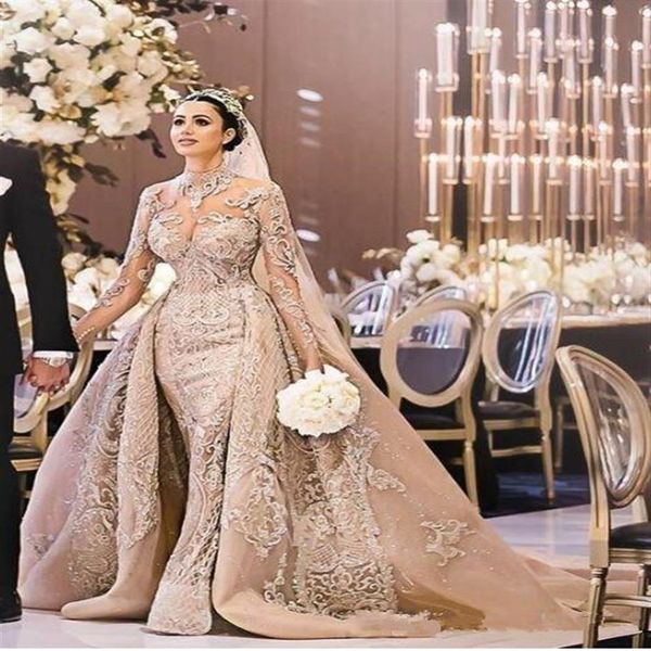 2019 Новые винтажные роскошные элегантные свадебные платья русалки с съемными кружевными свадебными платьями с длинным рукавом шампанского 2019 года Robe244M