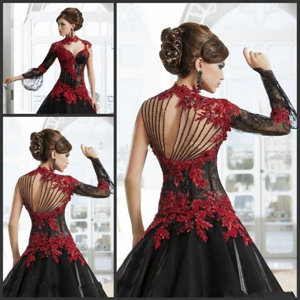Vintage preto e vermelho vitoriano gótico disfarce vestidos de festa de noite de halloween fechadura gola alta manga comprida vestido de baile plus si2539