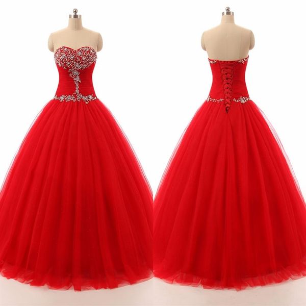 Abiti da quinceanera da ballo rossi economici Tulle pieghettato con perline senza spalline Abito da ballo senza schienale 8 ° grado Dolce 16 ragazze Occasioni speciali Dr305H