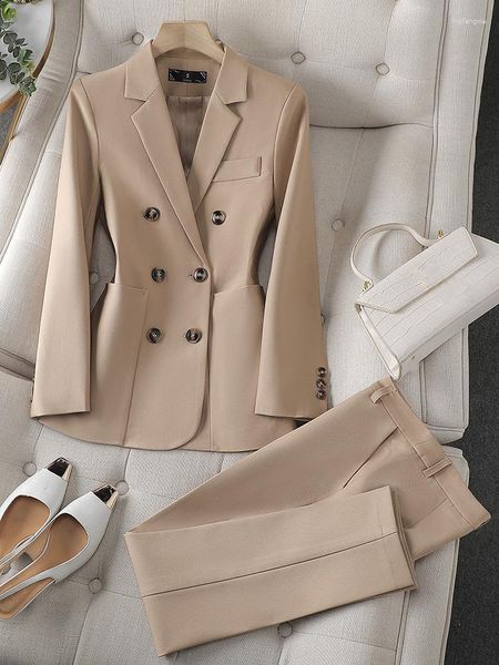 Damen Zweiteilige Hose Mode Damen Hosenanzug Damen Business Arbeitskleidung Blazer und Hose Schwarz Khaki Braun Beige Formal 2 Set mit