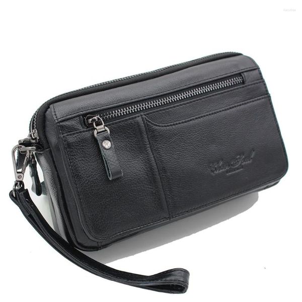 Brieftaschen Echtes Leder Rindsleder Männer Clutch Bag Männliche Handgelenk Handtasche Doppel Reißverschlüsse Geldbörse Brieftasche Handy Bargeld Kartenhalter