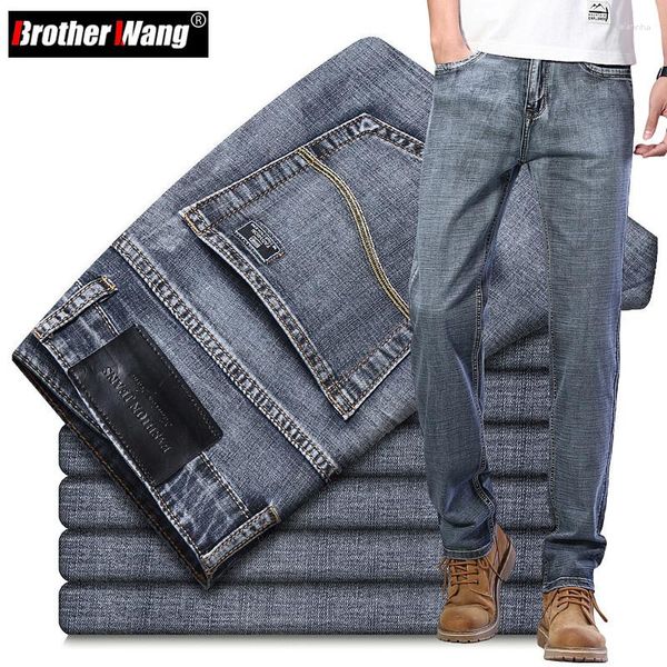 Jeans Masculino Estilo Clássico Calças Jeans de Negócios Casual Stretch Avançado Ajuste Regular Calças Cinza Azul Masculino