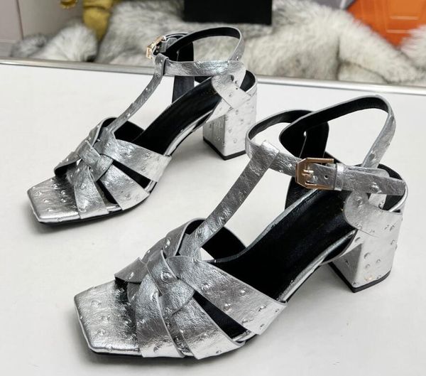 Original Box Luxury Summer Tribute Sandali in pelle Decorazione di design tacchi alti scarpe da donna tacco alto in pelle sandalo ROMANO 35-44