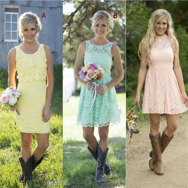 2016 Estilo Country Barato Vestidos de Dama de Honra de Renda Curta Estilo Misturado Vestido Formal para Adulto Júnior Dama de Honra Festa Formal de Casamento D256S