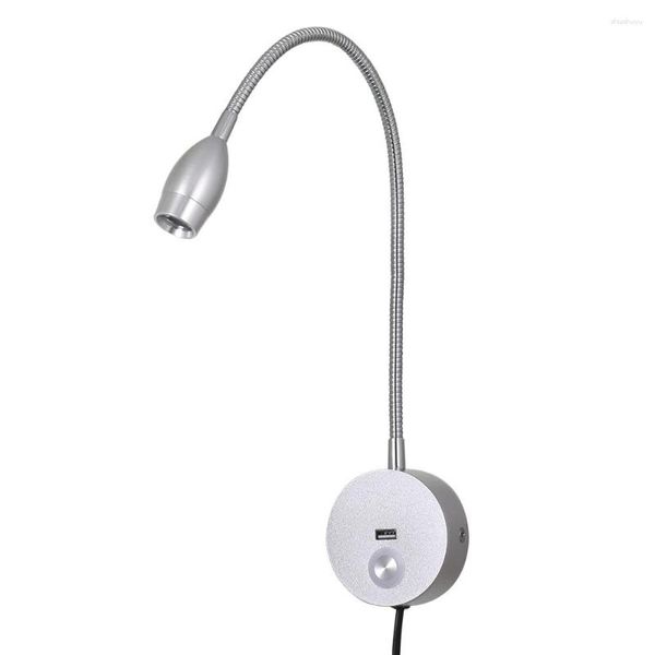 Lâmpada de parede 3W El Led Light com porta USB Interruptor de escurecimento por toque pescoço de cisne leitura de cabeceira flexível