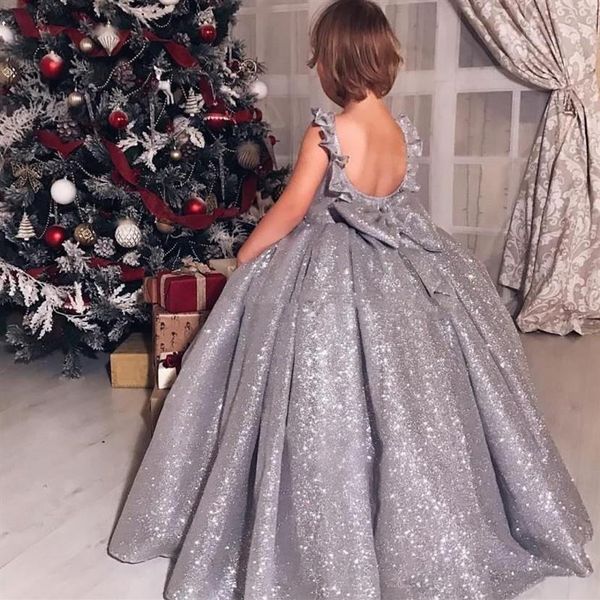 Sparkly Silver Flower Girls Abiti di lusso con paillettes Ball Gown Puffy Girls Pageant Dress Custom Made Lovely Kids Abbigliamento formale Birthd260B