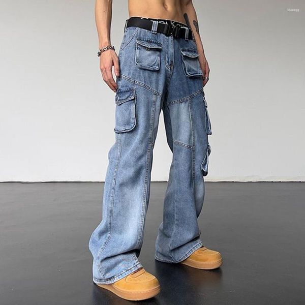 Herren Jeans Y2k Guochao High Street Retro gewaschene Overalls Multi-Pocket Wide-Leg Straight Hose Sport Hip-Hop Wischen