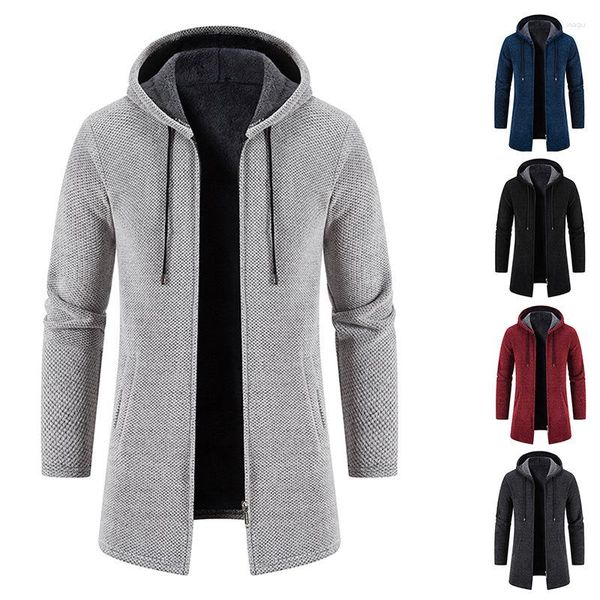 Erkek ceketler ince fit çok yönlü rüzgarlık orta uzunlukta ceket sonbahar ve kış kapüşonlu peluş örgü kazak Kore sürüm trendi