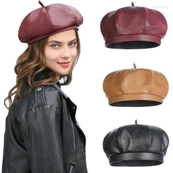 Berets Baskenmütze Mode Frauen Casual PU Leder Hut Für Französisch Herbst Winter Achteckige Beanie Caps Einfarbig