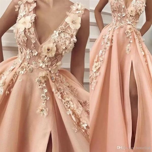 Mais novos vestidos de baile pêssego 2022 decote em V flores feitas à mão 3D fenda lateral tule até o chão vestidos de noite vestidos rosa vestidos femininos B273m