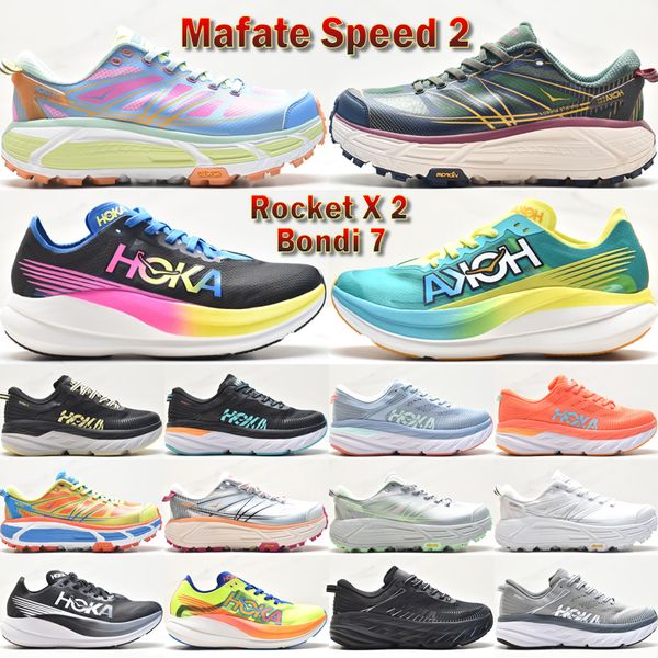 2024 Novos sapatos de caminhada Mafate One Speed Running Shoes para homens Treinadores mulheres Bondi 7 foguete x 2 Designer Mountain View Cyclamen todos a bordo de tênis ao ar livre tamanho 36-45