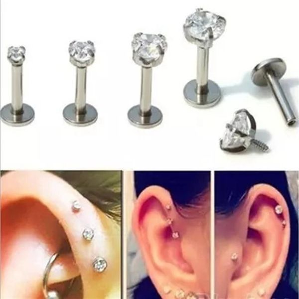 Acciaio Labret Lip Stud Anello Zircone Anodizzato Titanio Internamente filettato CZ Gem Monroe 16G Tragus Helix Ear Piercing 2mm 3mm 4mm268O