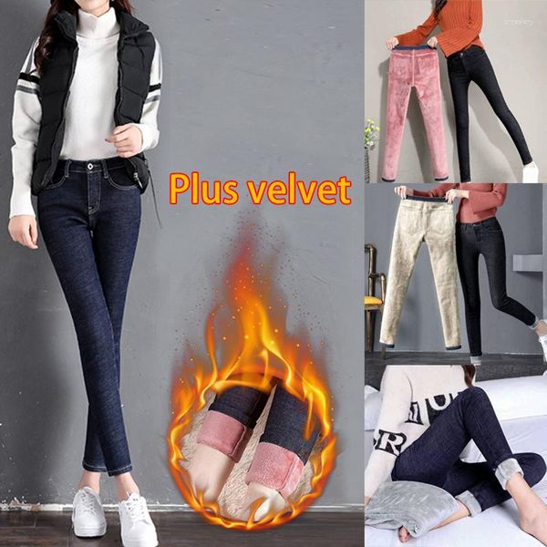 Jeans Feminino Moda Feminina Slim Add Velvet Skinny Calça Jeans Casual Elástica Lápis Quente Engrossar Botão Cintura Alta Inverno