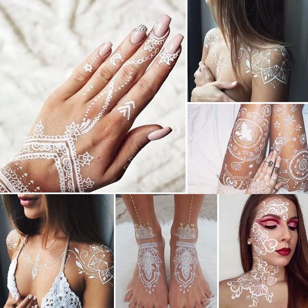 Adesivo de tatuagem de renda branca 1 peça 3D à prova d'água tatuagem de henna europeu e americano casamento nupcial adesivo de tatuagem à prova d'água