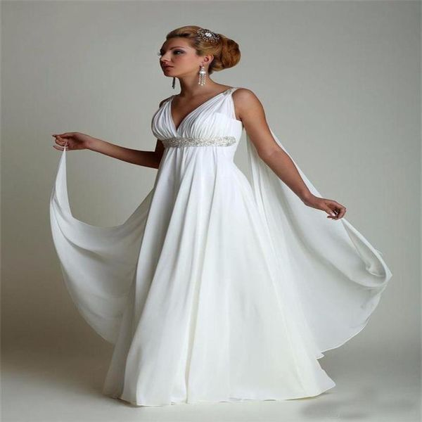 Einfache Chiffon Empire-Taille Strandhochzeitskleider Griechisch Modern V-Ausschnitt Plus Size Brautkleid Günstige Vestidos 2019232I