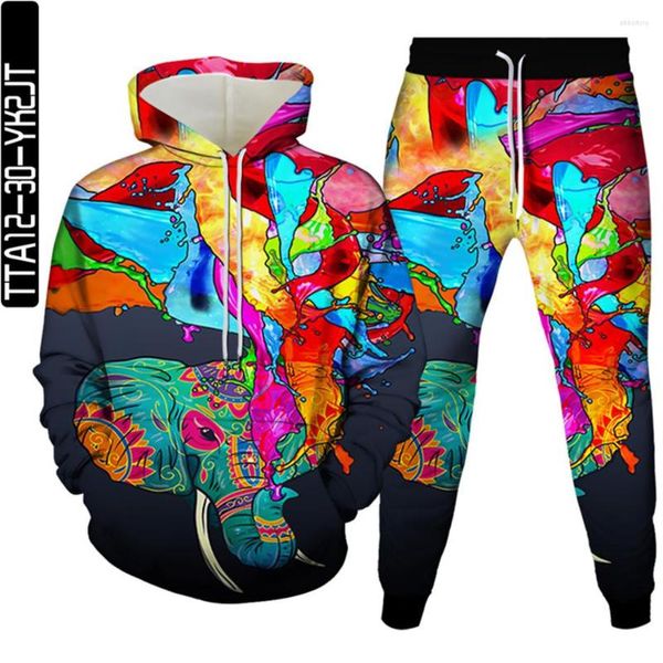 Männer Trainingsanzüge Herbst Vintage Tier Elefant 3D Druck Freizeitanzug Männer Frauen Langarm Sport Hoodie Hosen Teenager 2 Stück Sets Größe