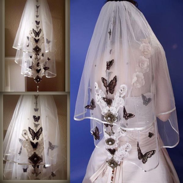 Veli da sposa corti a due strati con applicazioni di farfalle Morbido tulle al gomito Accessori da sposa Velo su misura per matrimonio Wi305h