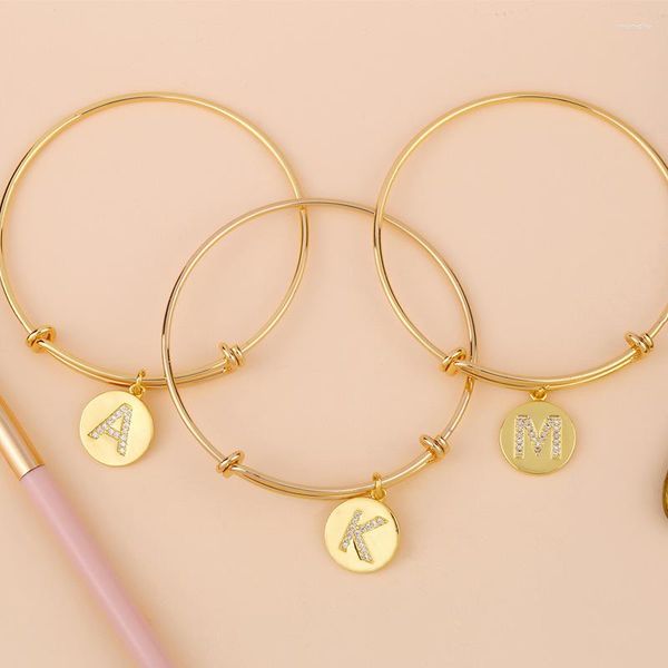 Pulseira de cobre banhado a ouro com incrustação redonda de zircônia A-Z nome inicial 26 letras para mulheres moda atacado joias presente