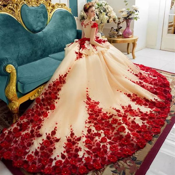 Kırmızı Romantik Prenses Gelinlikler İllüzyon Boyun Beeed 3D-Floral Aplikler Kapak Kılı