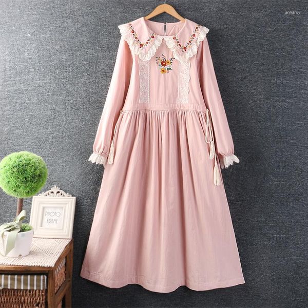 Abiti casual da donna Sweet Doll Cotton Long Sleeve Loose Dress Pure Color Midi