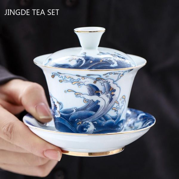 Boormachine requintado esmalte cerâmica gaiwan contorno em ouro branco porcelana chá tureen conjunto de chá doméstico tigela de cobertura chinesa