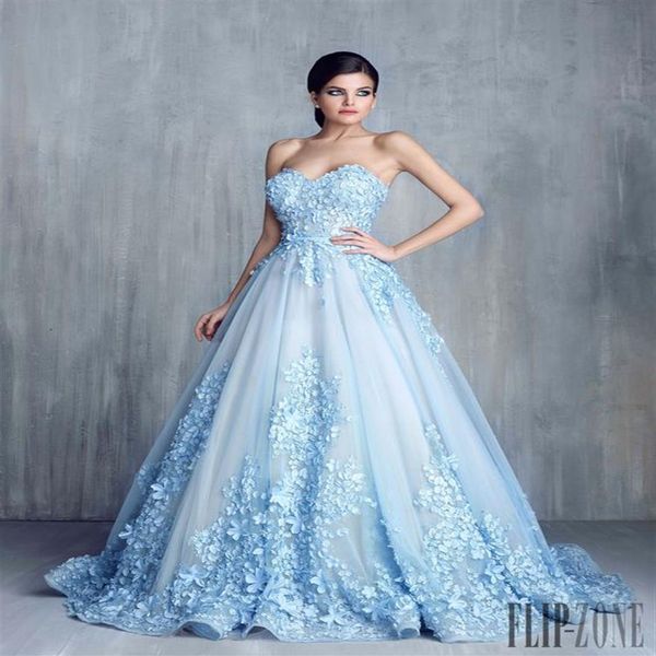 Tony Chaay Sky Blue 3D Floral Formal Prom Dresses 2019 Modest Cenerentola Sweetheart Fiore fatto a mano Arabo Occasione Evening Party 262R