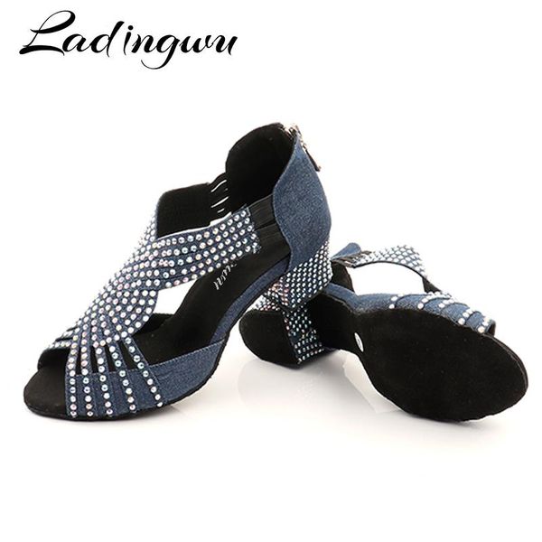 Botas Ladingwu Lowheeled Latin Dance Sapatos Salsa Mulheres Blue Denim COLOCAÇÃO SHINE SHINE SAPATO DE DANÇA DE DANÇA MULHER BALLOM