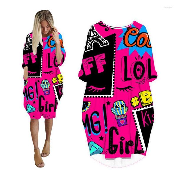 Abiti casual per donna Pocket Batwing Manica lunga Abbigliamento donna Taglie forti Abbigliamento donna Midi Abito femminile Stampa Graffiti HA