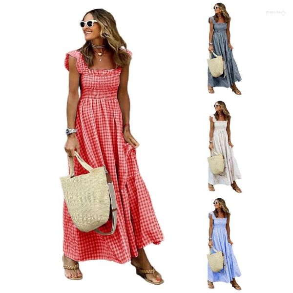 Abiti casual Abito estivo da donna Scozzesi Canotte Collo quadrato Volant Flowy Maxi Senza maniche Senza schienale