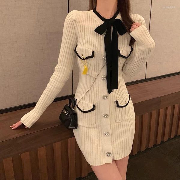 Casual Kleider Runway Herbst Winter Koreanische Plissee Fliege frauen Pullover Gestrickte Langarm Mini Elegante Party Kleid Vestido