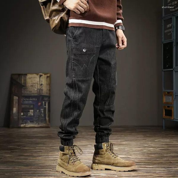 Jeans Masculino Estilista de Moda Masculino Preto Stretch Caimento Solto Calça Cargo Casual Hombre Streetwear Bolso Grande Hip Hop Joggers