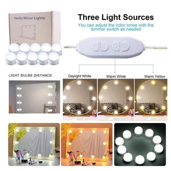 10 lampadine a LED per specchietto per trucco Kit luci per specchietto cosmetico portatile super luminoso Stile hollywoodiano Trucco con carica USB2820