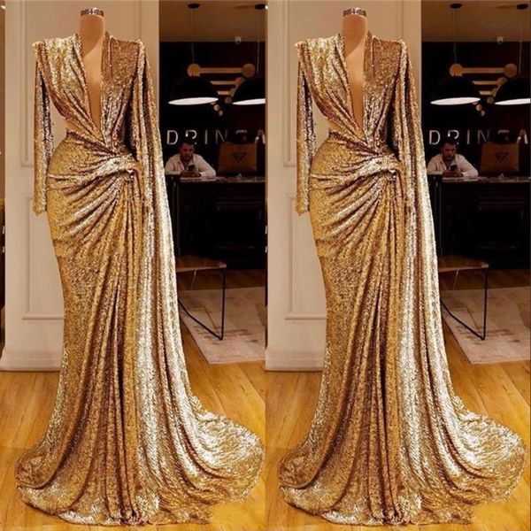 Sexy tiefer V-Ausschnitt formale Abendkleider 2020 Design Saudi-arabische Pailletten Prom Party Kleid Kleid Robe De Soiree Sexy tiefer V-Ausschnitt Forma278S