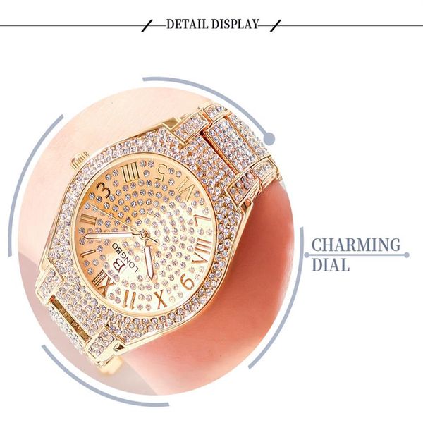 LONGBO Top Luxo Strass Pulseira Relógio Feminino Diamante Moda Feminina Vestido de Ouro Rosa Relógios Aço Inoxidável Cristal Wristwatc232o