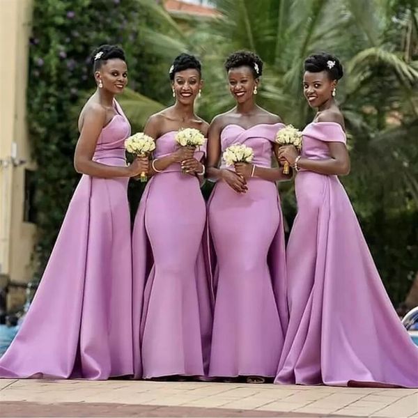 Vestidos de dama de honra sereia feminino africano lilás cetim longo um ombro vestido de festa de casamento dama de honra vestidos de noite3079