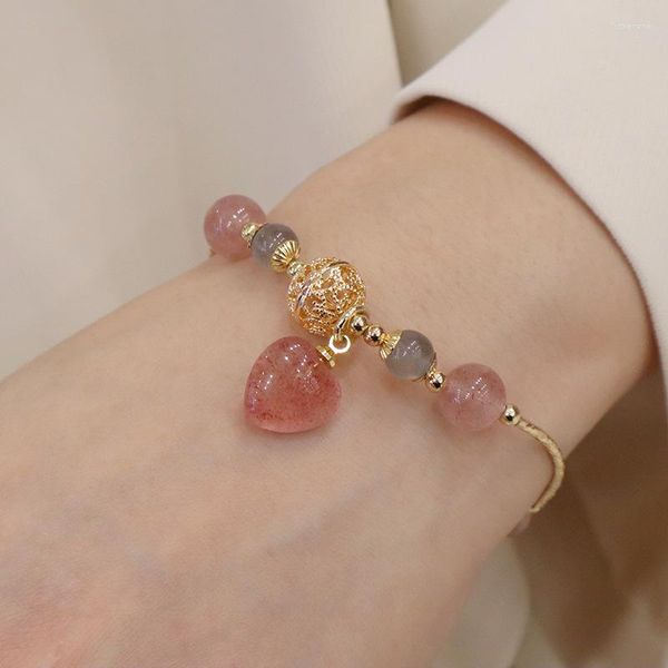 Strand ALLME INS Bracciale con perline in pietra di luna naturale color rosa chiaro per braccialetti con pendente a cuore a catena in oro da donna