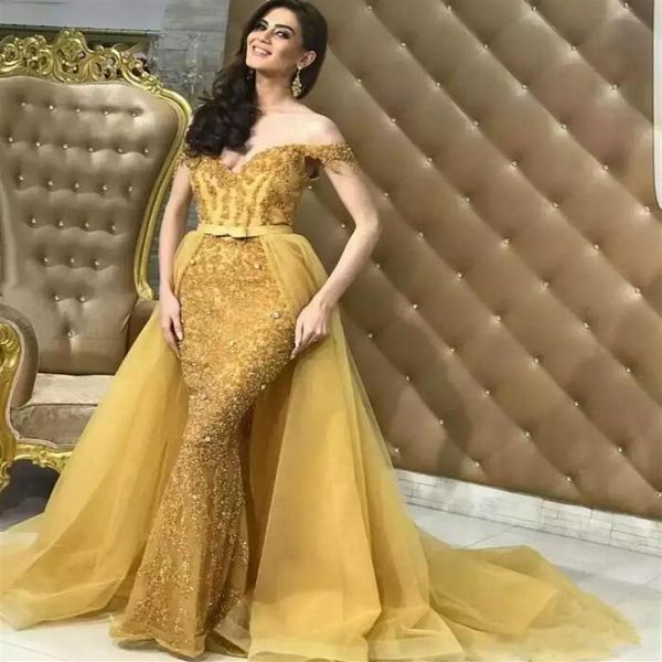 Sexy arabischer Stil Narzissen-Gold-Abschlussballkleid mit abnehmbarem Rock 2019, schulterfrei, Meerjungfrau, Perlen, Spitze und Tüll, formeller Abend G305p