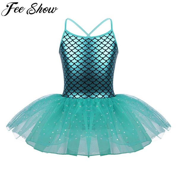 FEESHOW Vestito da Ginnastica a Sirena con Glitter per Vestiti da Ragazza Bambina Costumi di Danza Classica Body da Palestra Vestito da Ballerina per Bambini Adolescenti